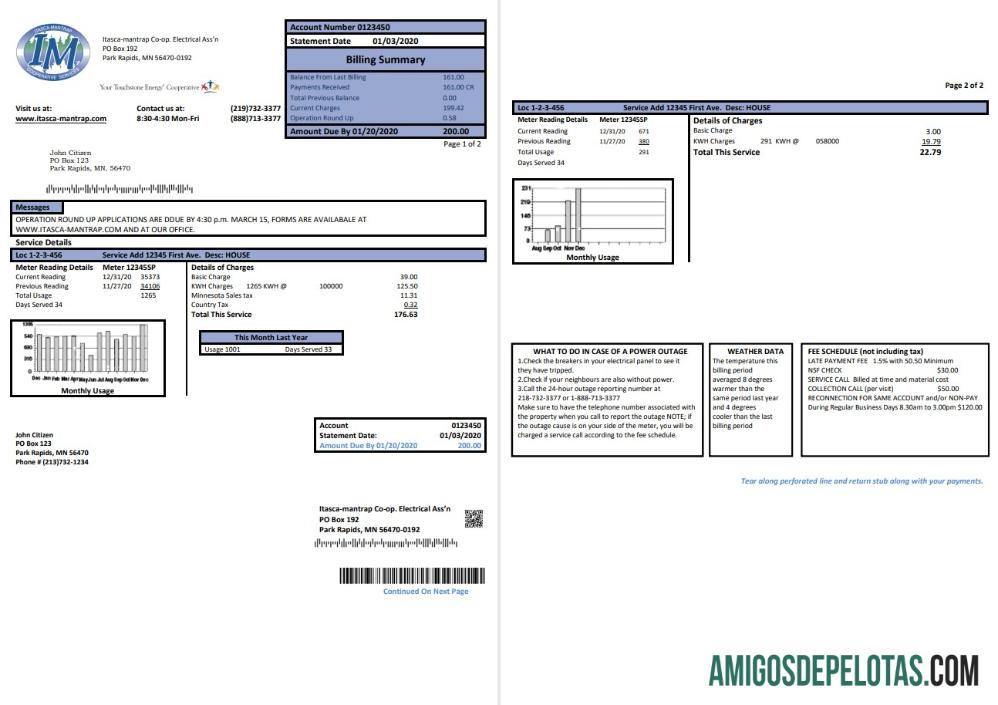imprimível Modelo de conta de serviços públicos de eletricidade dos EUA Minnesota Itasca Mantrap em formato Word e PDF (2 páginas)